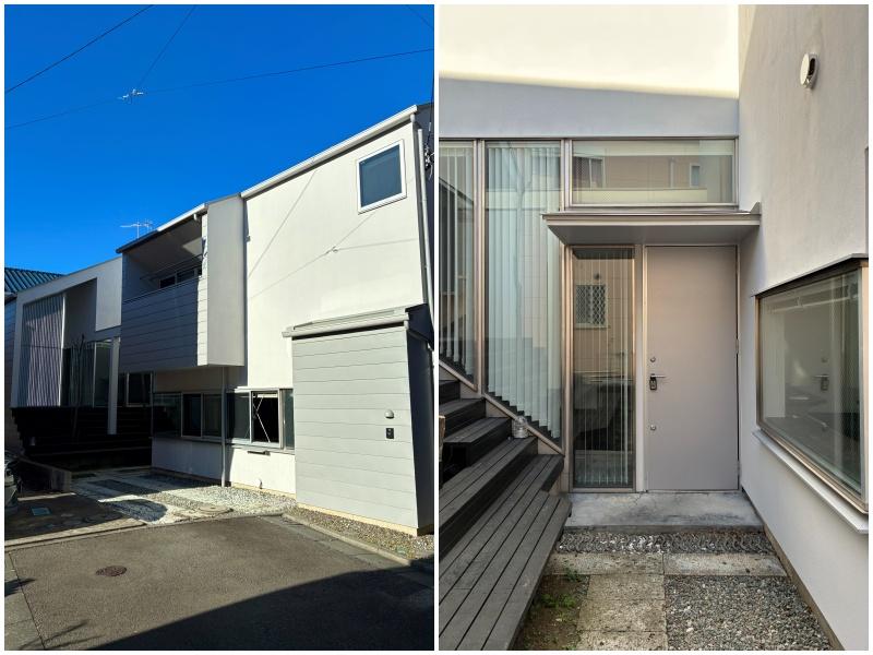 茅ヶ崎市浜竹二丁目の賃貸物件/外観。細長い形｜玄関の表情はシャープに