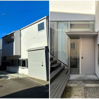 茅ヶ崎市浜竹二丁目の賃貸物件/外観。細長い形｜玄関の表情はシャープに