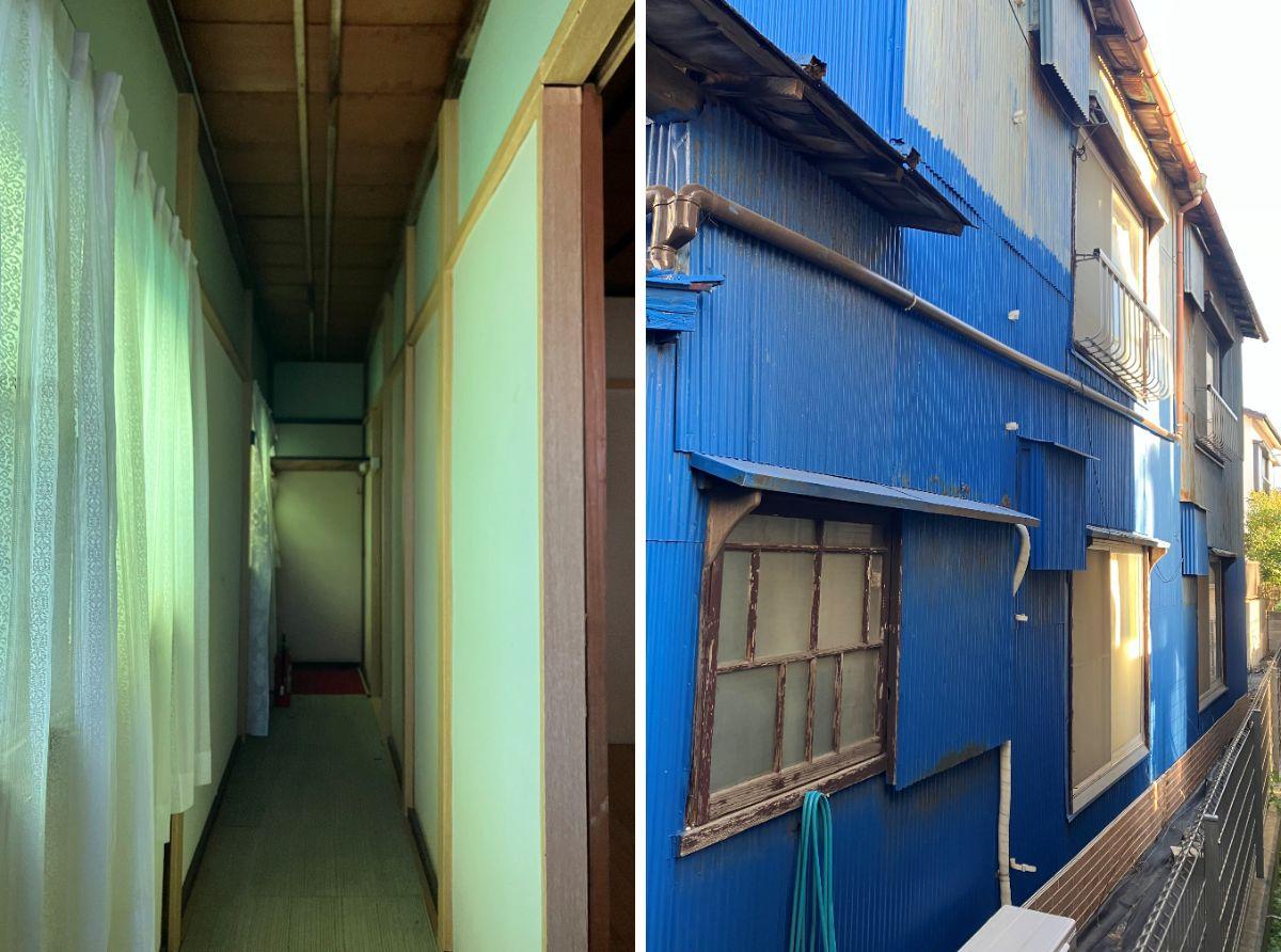 横須賀市長井の賃貸物件/別棟廊下｜別棟外観｜隣家の壁の色？が写り込んだ緑色の廊下！そして、外壁は鮮やかなブルー。