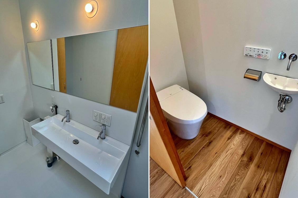 茅ヶ崎市東海岸南四丁目の売買物件/左：洗面台を別アングルで｜右：トイレ