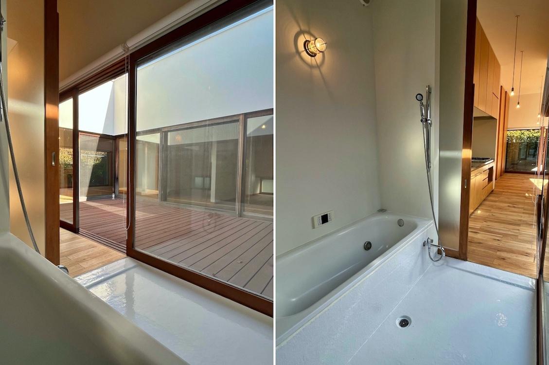 茅ヶ崎市東海岸南四丁目の売買物件/左：浴槽からの眺め、窓がすごい｜右：造作の白いバスルーム