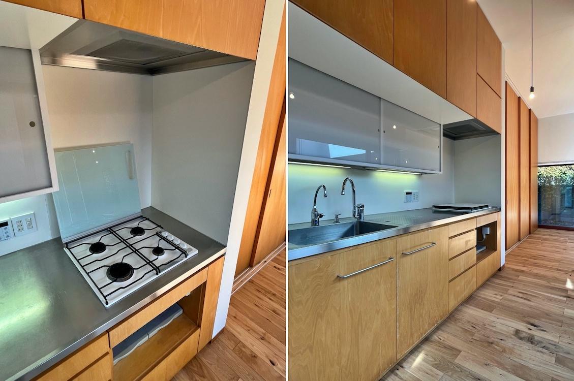 茅ヶ崎市東海岸南四丁目の売買物件/左：ガスコンロはロジェール｜右：キッチンはリビング収納との連続性があり家具のよう。