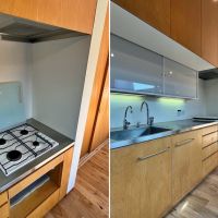 茅ヶ崎市東海岸南四丁目の売買物件/左：ガスコンロはロジェール｜右：キッチンはリビング収納との連続性があり家具のよう。