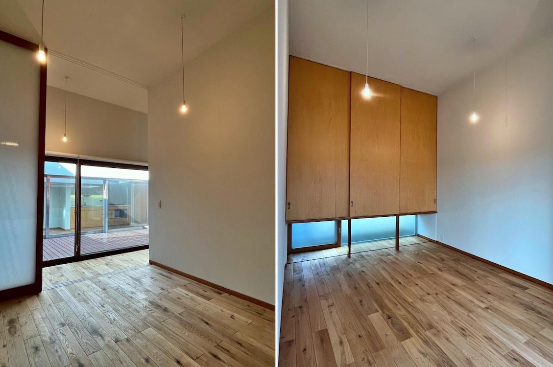 茅ヶ崎市東海岸南四丁目の売買物件/左：洋室3から中庭を見る｜右：洋室3の収納