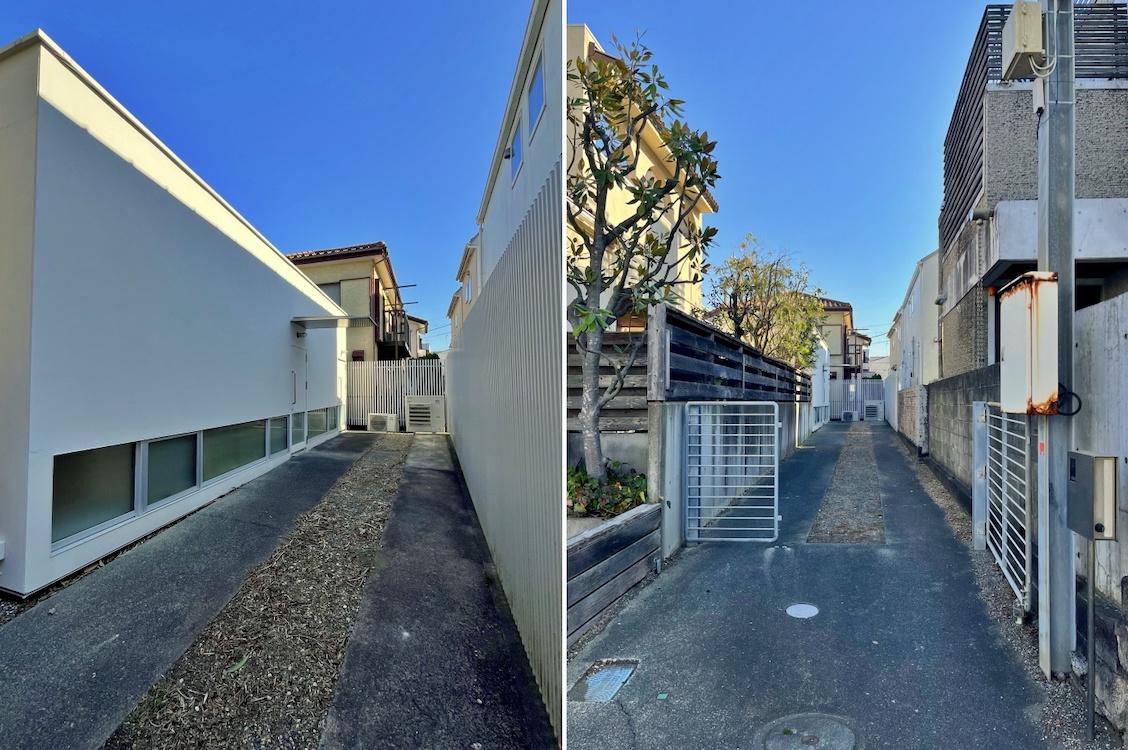 茅ヶ崎市東海岸南四丁目の売買物件/左：外観、奥まで車が入ります｜右：敷地延長部分
