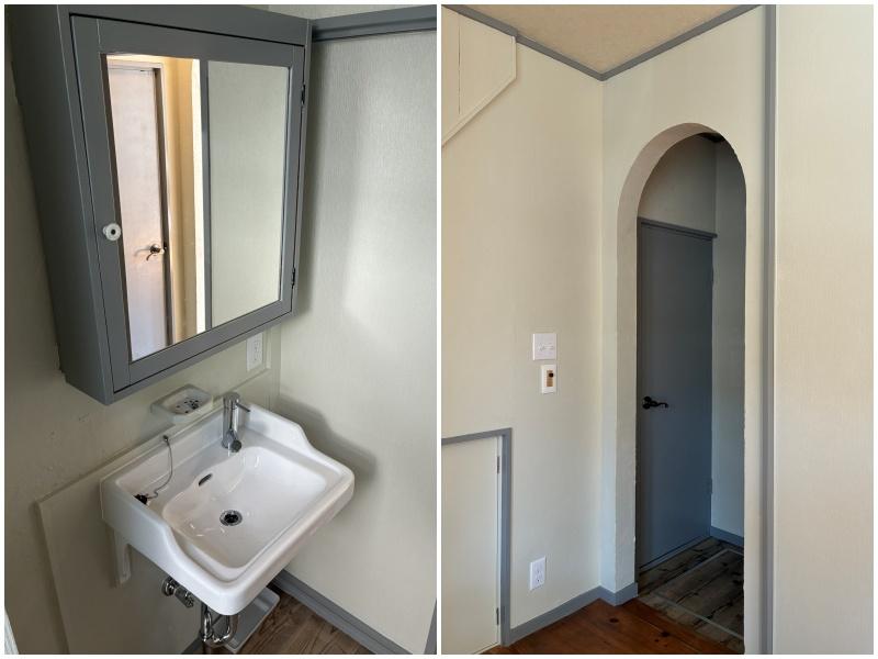 藤沢市辻堂東海岸四丁目の賃貸物件/洗面はレトロで可愛く｜廊下部分の垂れ壁はアールに。足元に収納もあります