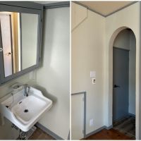 藤沢市辻堂東海岸四丁目の賃貸物件/洗面はレトロで可愛く｜廊下部分の垂れ壁はアールに。足元に収納もあります