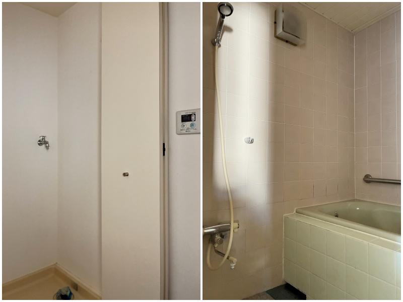 藤沢市辻堂六丁目の賃貸物件/左：キッチン裏の洗濯機収納｜右：浴室