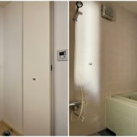 藤沢市辻堂六丁目の賃貸物件/左：キッチン裏の洗濯機収納｜右：浴室