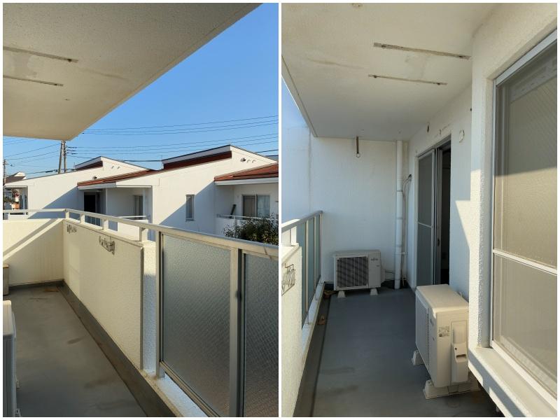 藤沢市辻堂六丁目の賃貸物件/南側バルコニーに出たところ｜向かいから見えないよう、物干しの竿受けは低い位置に