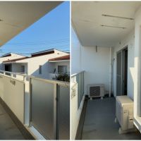 藤沢市辻堂六丁目の賃貸物件/南側バルコニーに出たところ｜向かいから見えないよう、物干しの竿受けは低い位置に