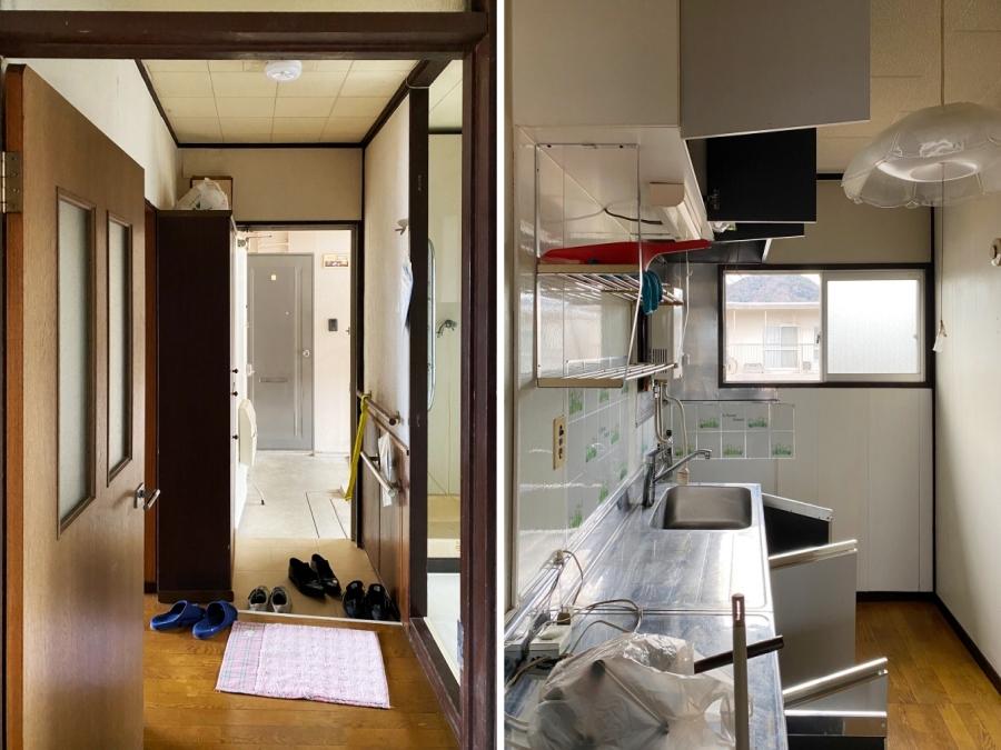 大磯町生沢の賃貸物件/左：改修前の玄関ホール｜右：改修前のキッチン