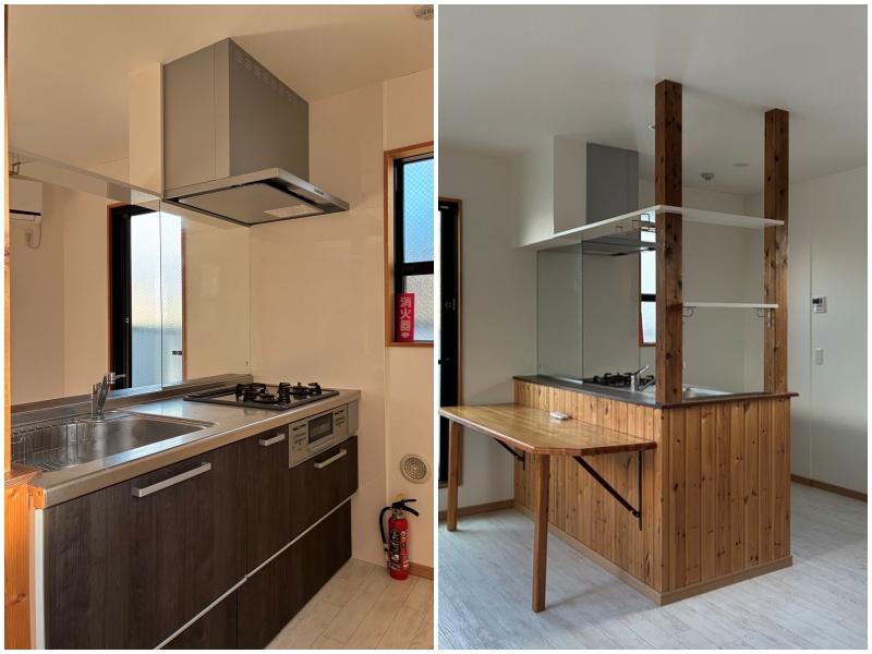 藤沢市鵠沼桜が岡二丁目の賃貸物件/システムキッチンに、造作のテーブルを付けたキッチンです