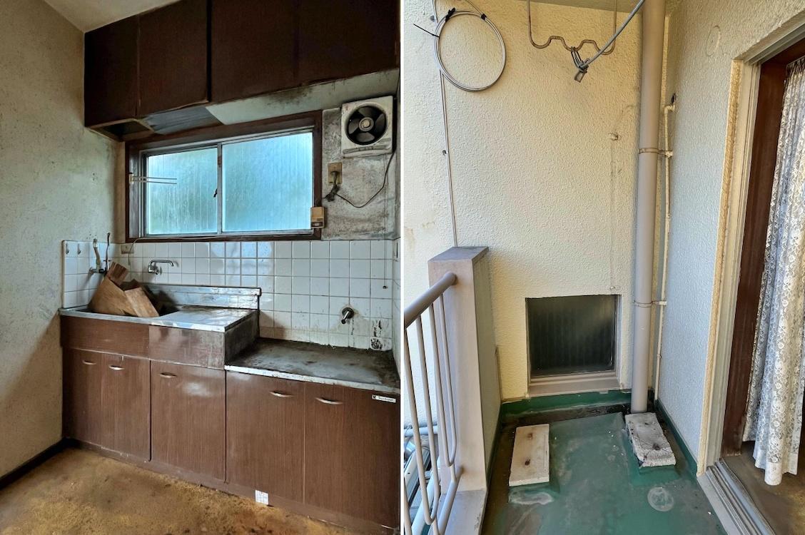 逗子市逗子三丁目の賃貸物件/左：台所｜右：バルコニーのエアコン室外機置き場