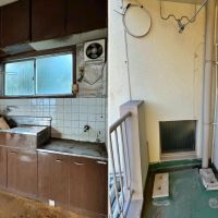 逗子市逗子三丁目の賃貸物件/左：台所｜右：バルコニーのエアコン室外機置き場