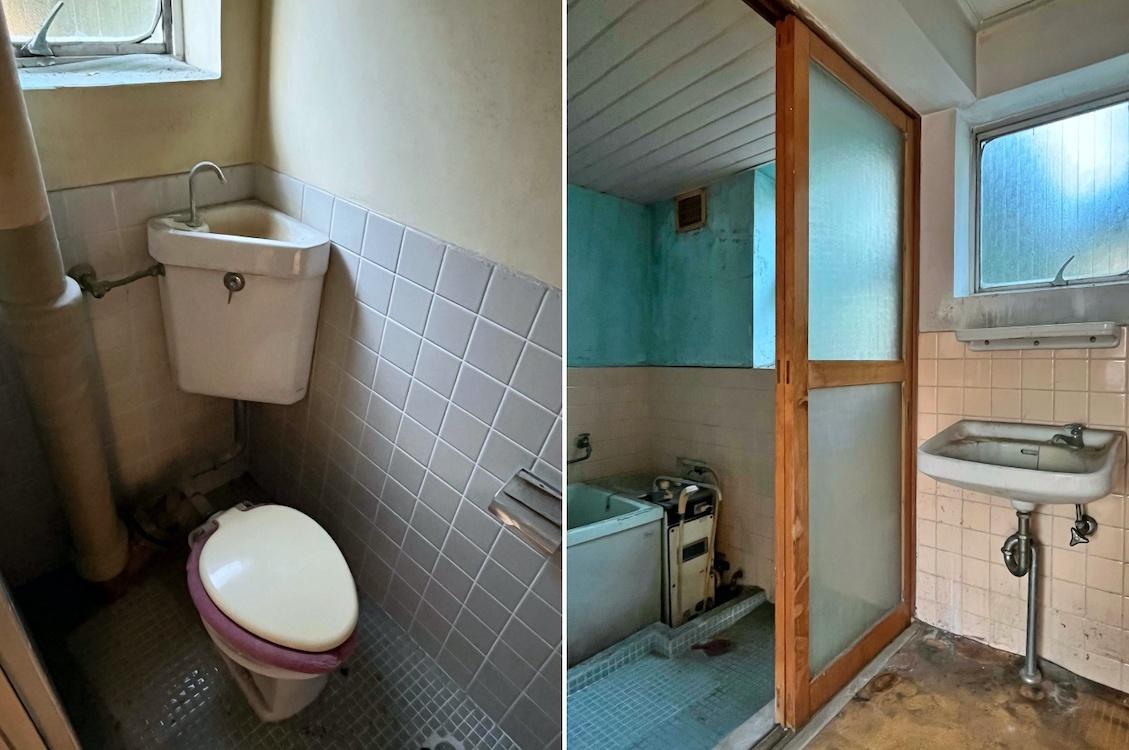 逗子市逗子三丁目の賃貸物件/左：トイレ｜右：浴室と洗面、どちらもかなり古いものです