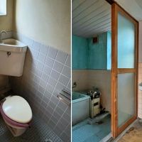 逗子市逗子三丁目の賃貸物件/左：トイレ｜右：浴室と洗面、どちらもかなり古いものです