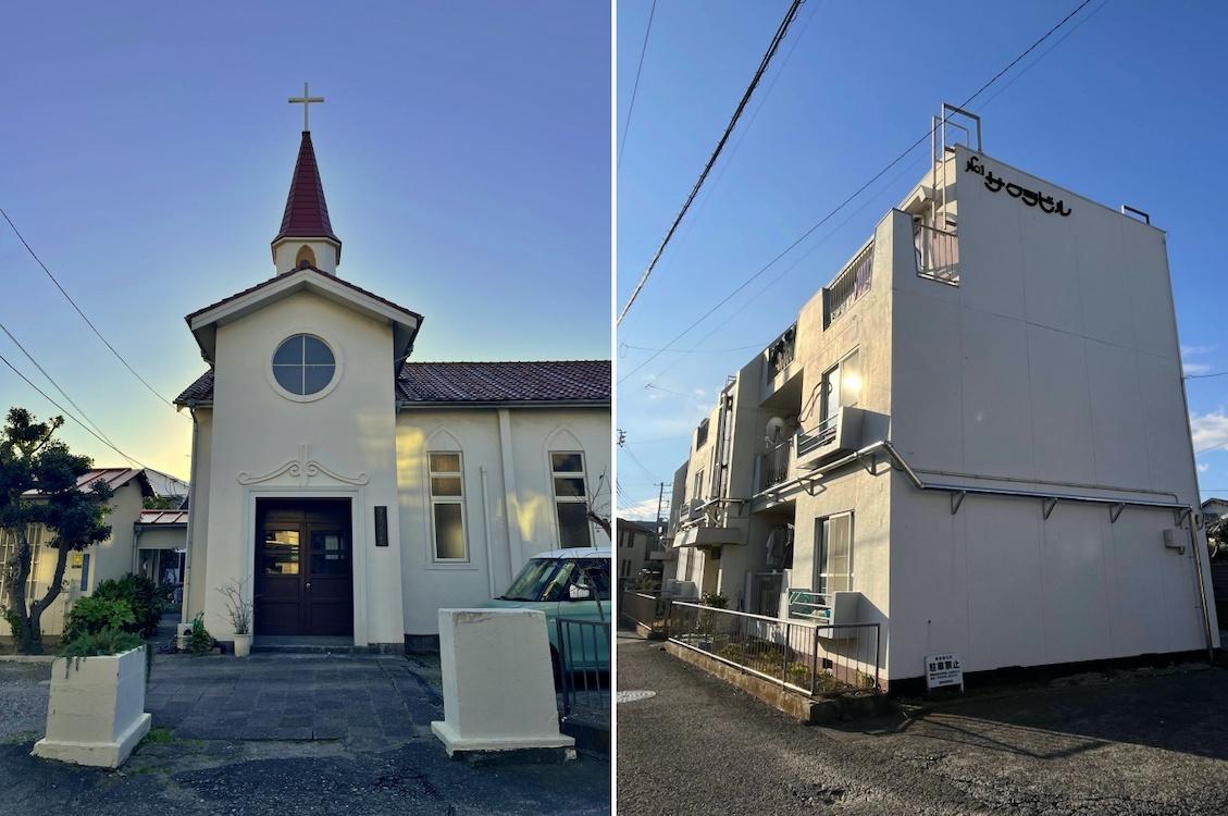 逗子市逗子三丁目の賃貸物件/左：近所が教会があるっていいですよね｜右：マンション外観はまるで教会に併設された修道院のよう