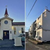 逗子市逗子三丁目の賃貸物件/左：近所が教会があるっていいですよね｜右：マンション外観はまるで教会に併設された修道院のよう