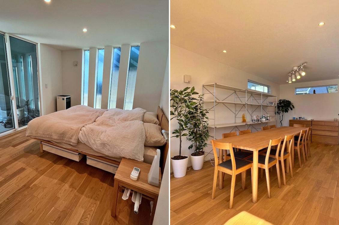 鎌倉市坂ノ下の売買物件/左：1階個室はスリット窓とガレージが個性的｜右：ダイニングは落ち着いた空間