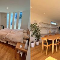 鎌倉市坂ノ下の売買物件/左：1階個室はスリット窓とガレージが個性的｜右：ダイニングは落ち着いた空間