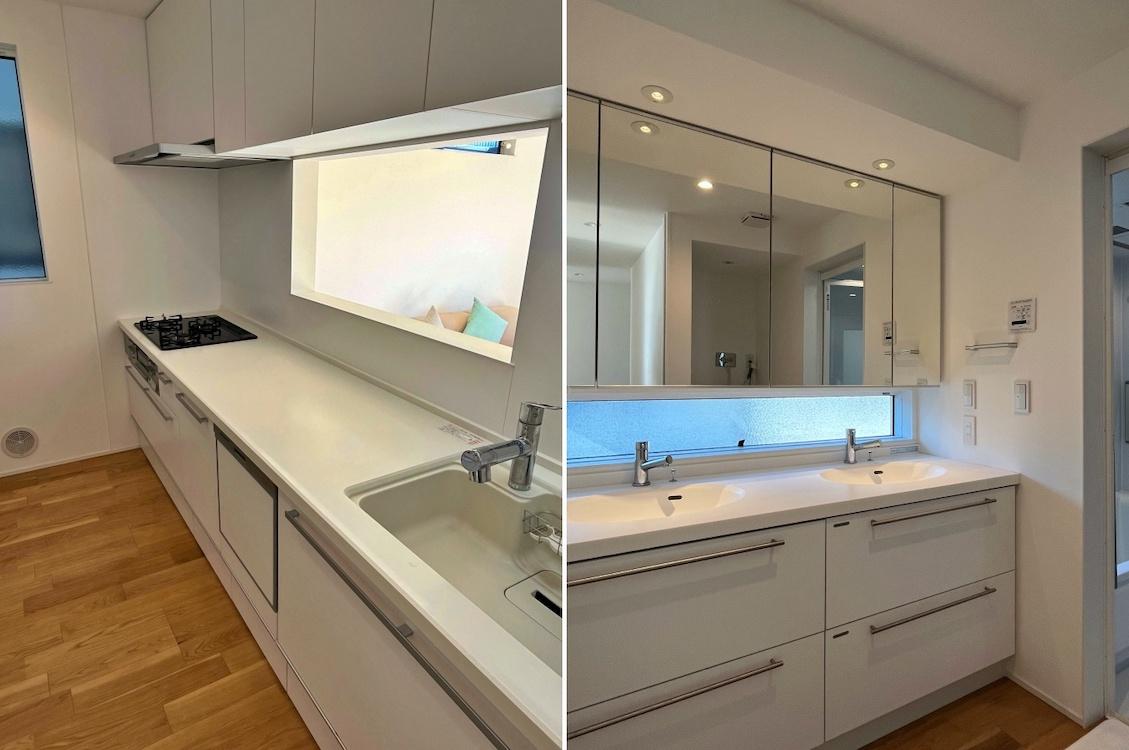 鎌倉市坂ノ下の売買物件/左：キッチン｜右：洗面はボウル＊2台