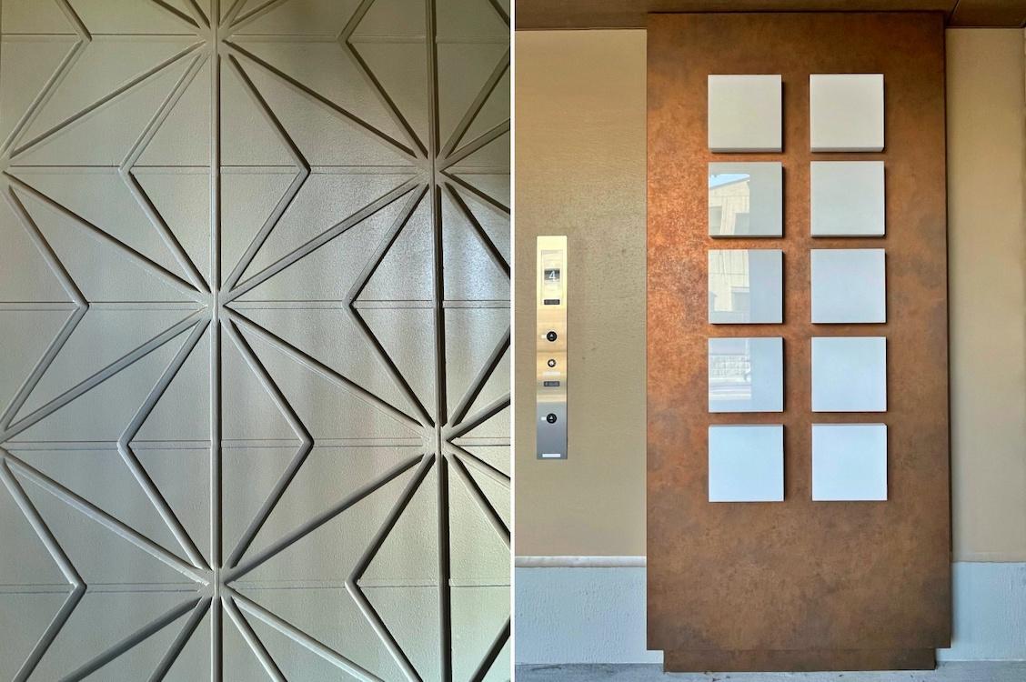 鎌倉市小町二丁目の賃貸物件/左：外壁のテ幾何学模様｜右：エレベーターホールのサイン看板