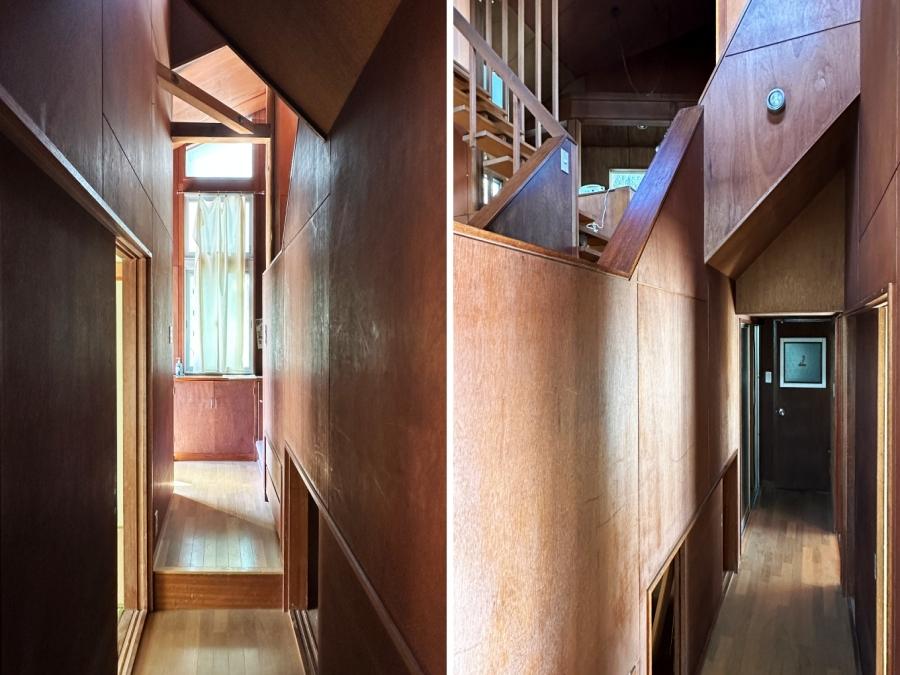 鎌倉市七里ガ浜東五丁目の売買物件/左：洋室を出た廊下から玄関を見る｜右：玄関から洗面側を見る