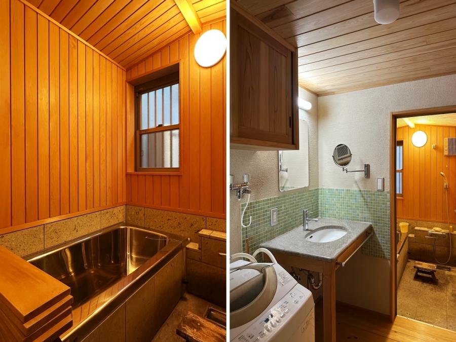 鎌倉市七里ガ浜東五丁目の売買物件/左：風呂　木材の壁天井と下には人造石のような材が使われています｜右：洗面