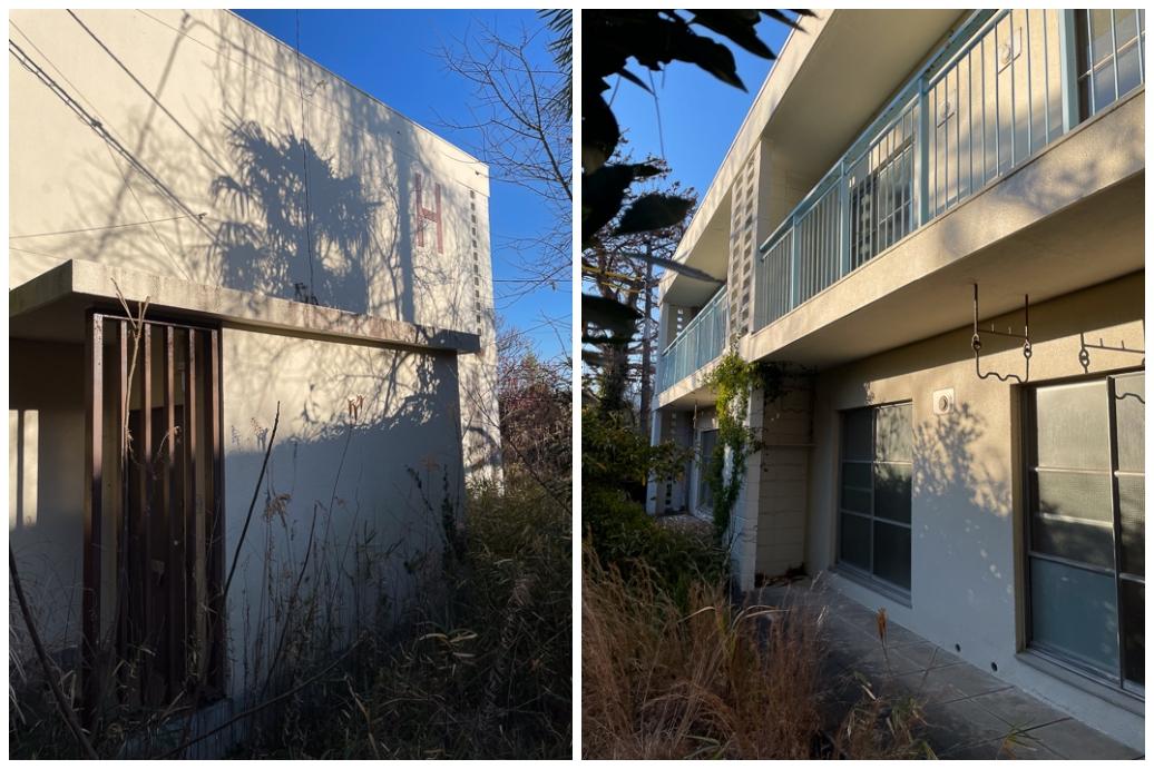 鎌倉市津西の売買物件/社員寮｜外壁の状態は悪くなさそうです。陸屋根のため排水経路や防水処理が必須