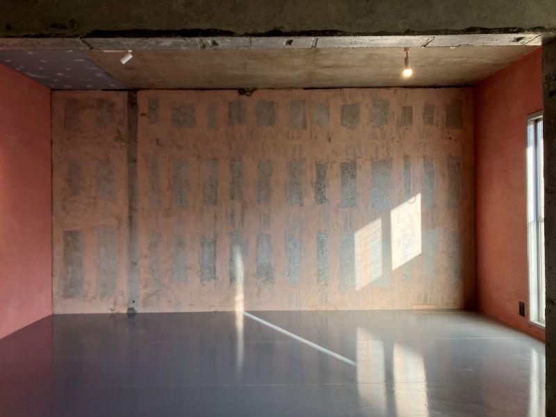 鎌倉市梶原五丁目の賃貸物件/リビング｜コンクリート打ち放しに、手書きの格子模様みたいな糊のあとがユニーク。そして左右はピンク色の漆喰塗り。