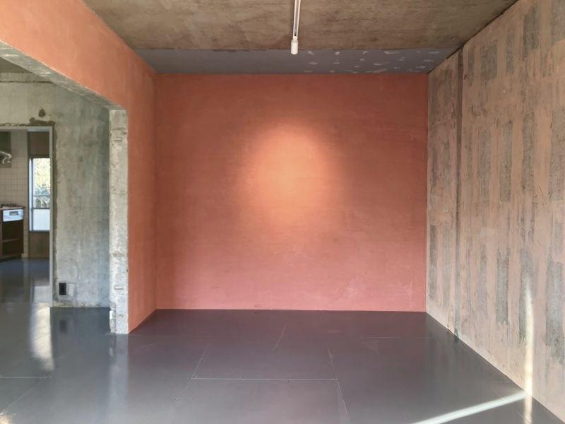 鎌倉市梶原五丁目の賃貸物件/リビング｜ピンク色の漆喰で塗られた壁は、うっすらと塗り跡が残っています。