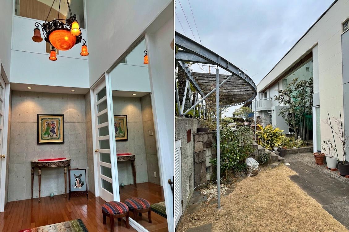鎌倉市腰越の売買物件/左：玄関は吹き抜けにガラスブロックからの光が差し込みます｜右：庭の芝生部分