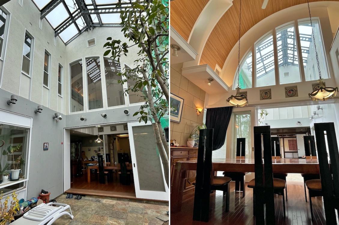 鎌倉市腰越の売買物件/左：中庭にも屋根がかかっています｜右：ダイニングから天井を見上げる