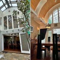 鎌倉市腰越の売買物件/左：中庭にも屋根がかかっています｜右：ダイニングから天井を見上げる