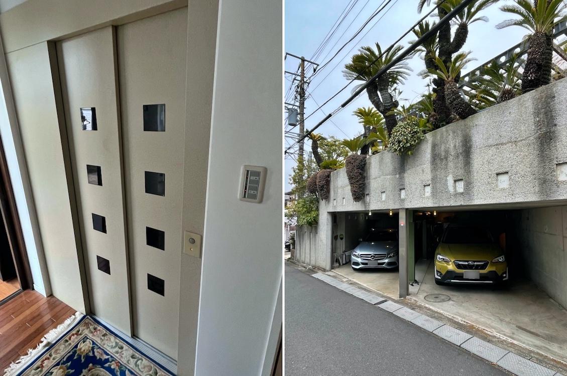 鎌倉市腰越の売買物件/左：駐車場のある地下室から3階までエレベーターで移動可能｜右：駐車場は2台分（高さに差があります）