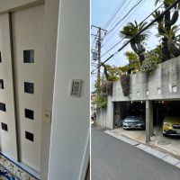 鎌倉市腰越の売買物件/左：駐車場のある地下室から3階までエレベーターで移動可能｜右：駐車場は2台分（高さに差があります）