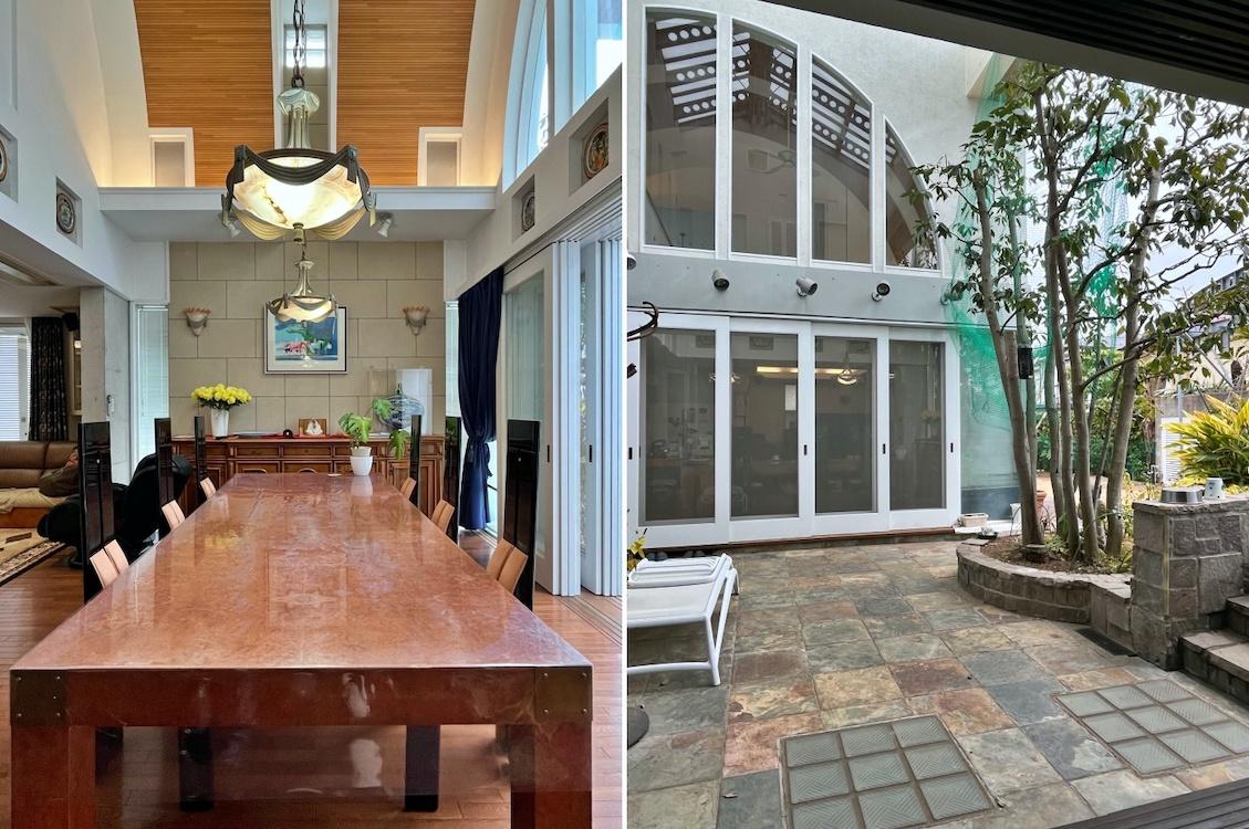 鎌倉市腰越の売買物件/左：ダイニングを別アングルで｜右：中庭を洋室から見る