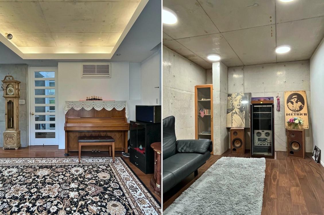 鎌倉市腰越の売買物件/左：リビング｜右：地下室はオーディオルームになっています