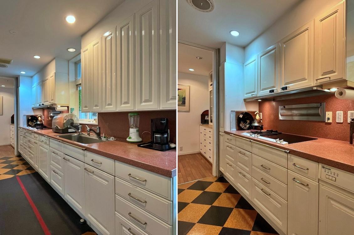 鎌倉市腰越の売買物件/左：キッチン全景｜右：ガスコンロ周辺の様子