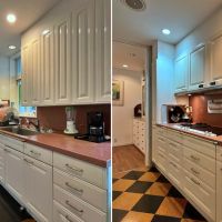 鎌倉市腰越の売買物件/左：キッチン全景｜右：ガスコンロ周辺の様子