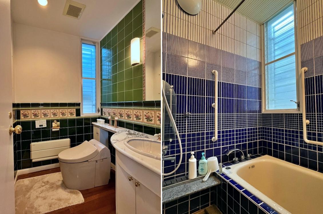 鎌倉市腰越の売買物件/左：リビング近くのトイレ｜右：1階浴室