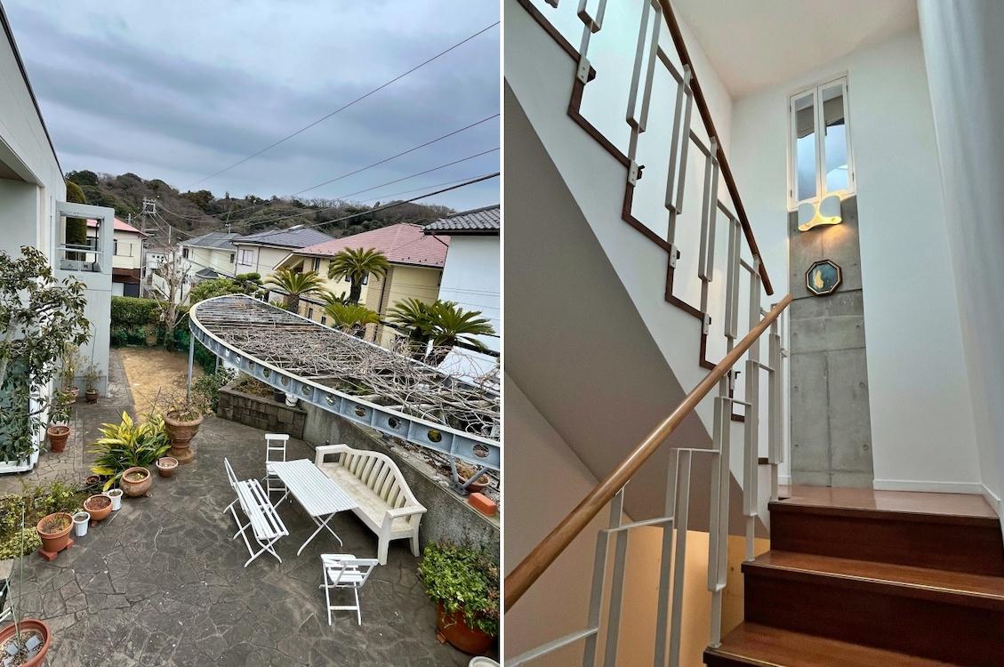 鎌倉市腰越の売買物件/左：2階主寝室から庭を見下ろす｜右：階段室は教会建築のようです