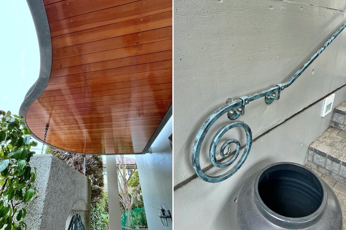 鎌倉市腰越の売買物件/左：曲面が美しい玄関の庇｜右：玄関アプローチの鉄製手すり