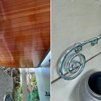 鎌倉市腰越の売買物件/左：曲面が美しい玄関の庇｜右：玄関アプローチの鉄製手すり