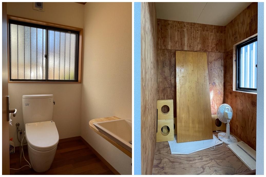 鎌倉市大船の売買物件/左｜トイレは広い　右｜風呂場は新たに設置を