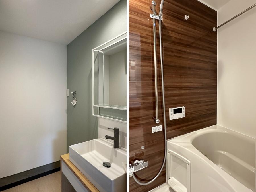 鎌倉市西御門一丁目の賃貸物件/左：洗面｜右：風呂　洗面やトイレは区画によって壁の色や配置が異なります