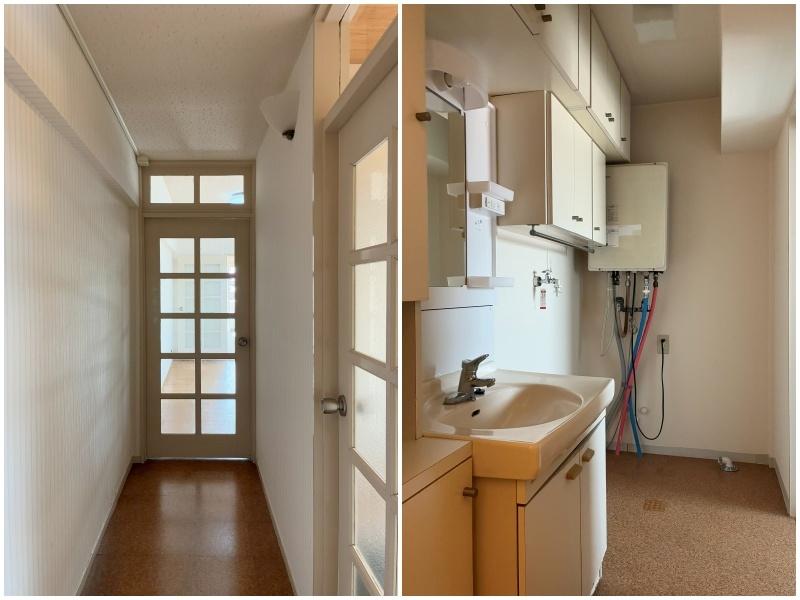 藤沢市辻堂太平台一丁目の賃貸物件/左：玄関から見た廊下。ガラス戸から光が漏れて明るい空間｜右：洗面室は収納が沢山。配線はむき出しです