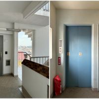 藤沢市辻堂太平台一丁目の賃貸物件/左：玄関横の外階段を使えば駐車場・駐輪場まで直ぐに降りられます｜左：部屋から離れたところに水色のエレベーターが一基