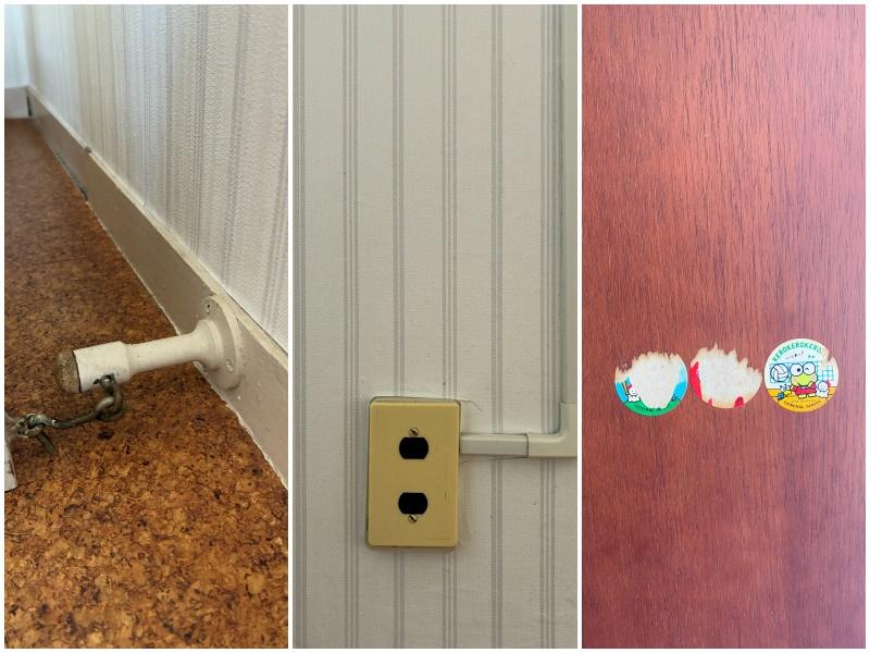 藤沢市辻堂太平台一丁目の賃貸物件/所々キュンポイントが。左：コルクを使った手作り感満載のドアストッパー｜真ん中：昭和レトロなコンセントプレート｜右：衣装棚の裏に&ldquo;けろけろけろっぴ&rdquo;を発見！このままずっと、残っていてほしいと願います